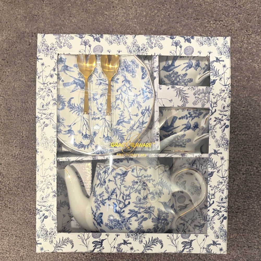 Grace Teaware Blue Floral Tea Set with Gold Spoons